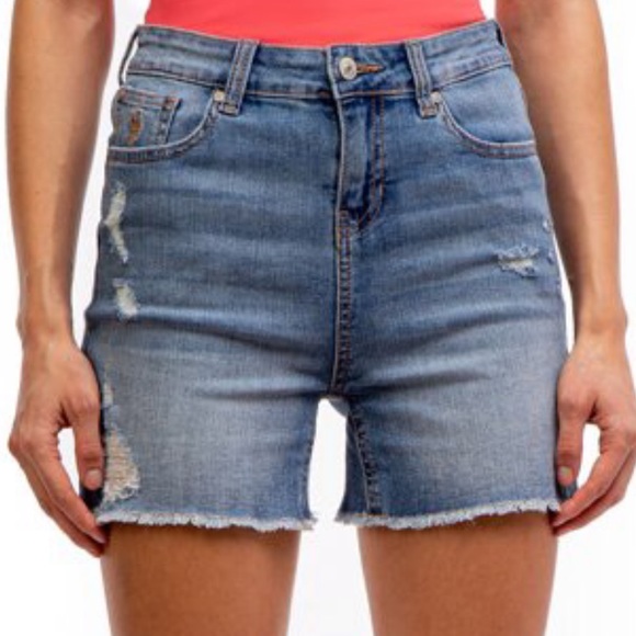 New U.S. Polo Assn. High Rise Relaxed Fit Distressed Denim Midi Jean Shorts - Picture 1 of 8